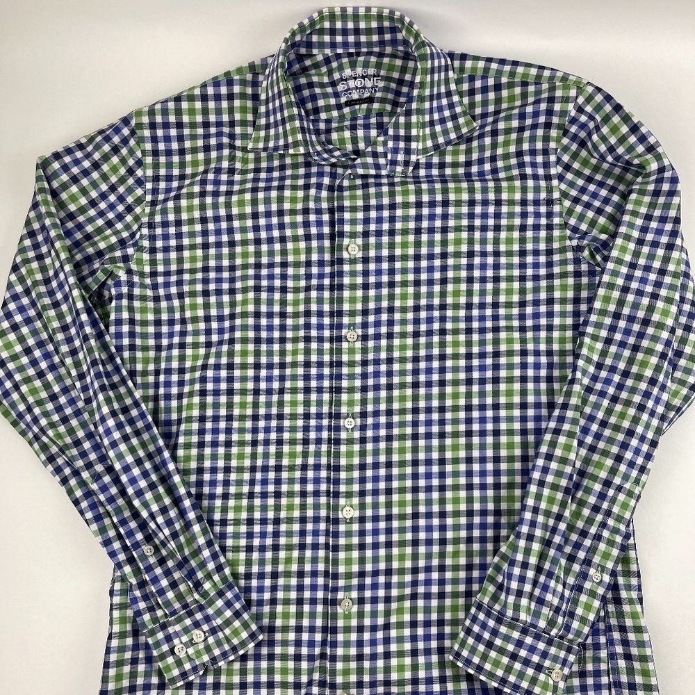 Spencer Stone Company Button Up Shirt Mens Contemporary Blue Green Plaid